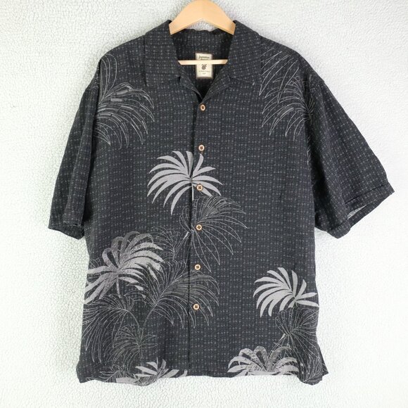 Jamaica Jaxx Shirt Mens Large Black Gray Silk Button Up Tropical Palm Trees - Picture 1 of 7